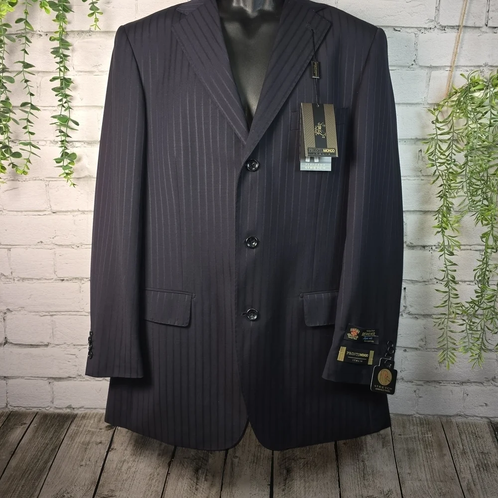 PRONTO MONDO ITALIA 100% MERINO WOOL NAVY PINSTRIPE MENS BLAZER SUPER 140'S 40R.